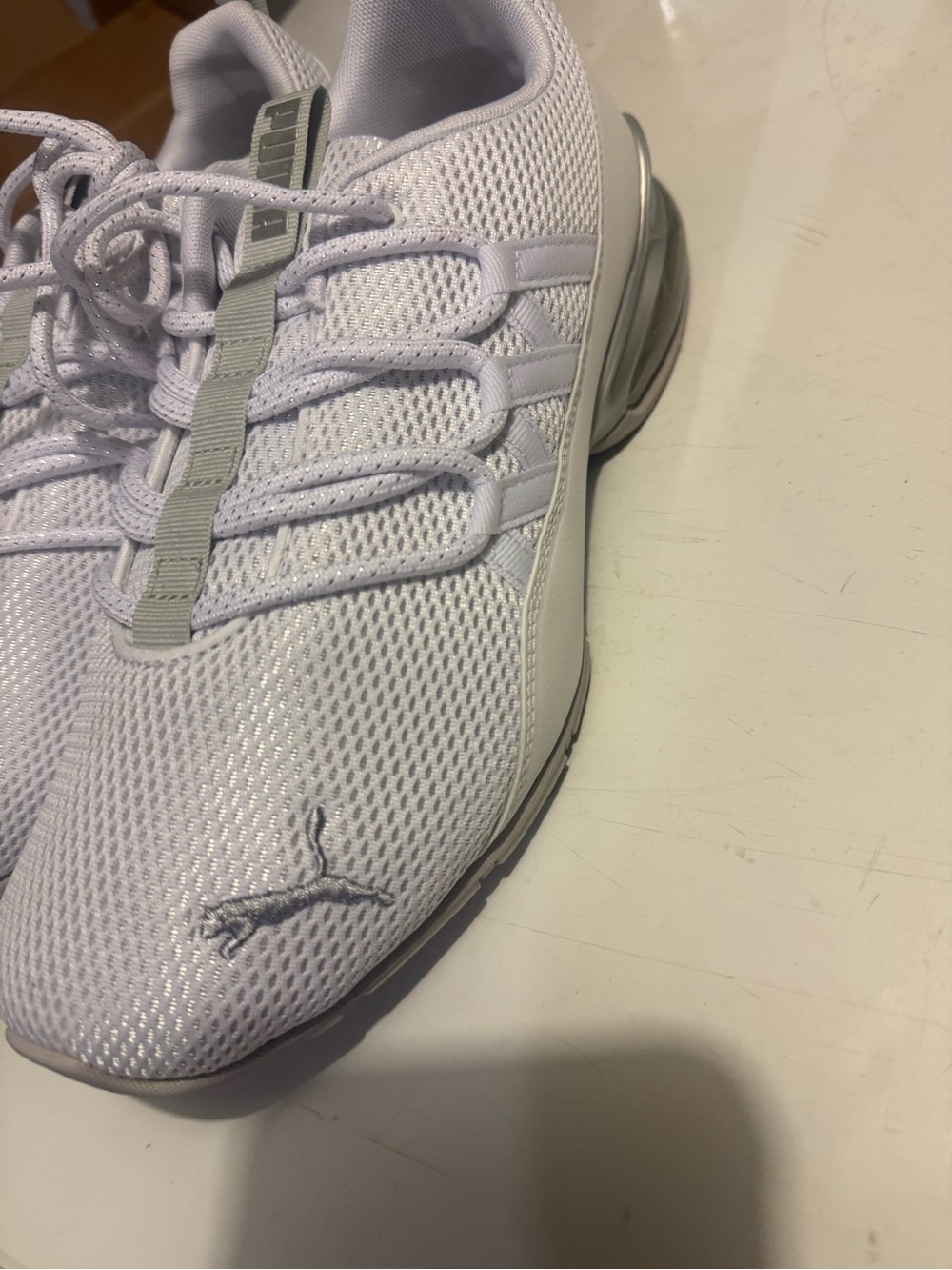 Puma Light Gray and White Mesh Running Shoes